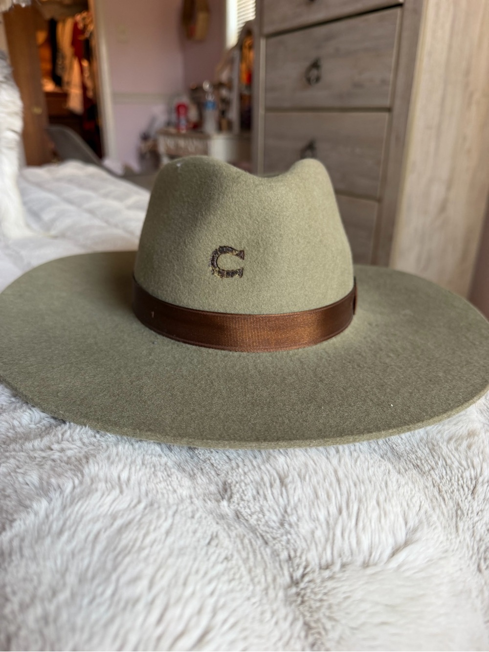 Olive Charlie 1 horse hat with brown ribbon accent